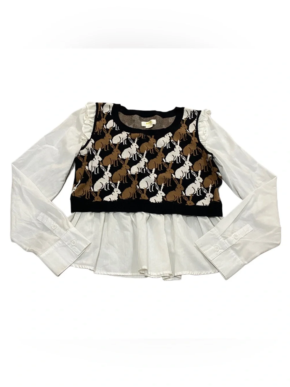 Maeve Anthropologie Ruffled Twofer Layered Sweater Vest Blouse - Bunny Pattern M - Picture 2 of 7